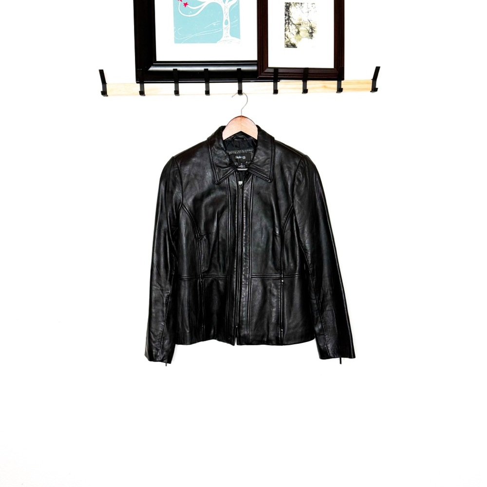 Style & Co Black Genuine Leather Jacket Size M | Classic Zip Moto Jacket